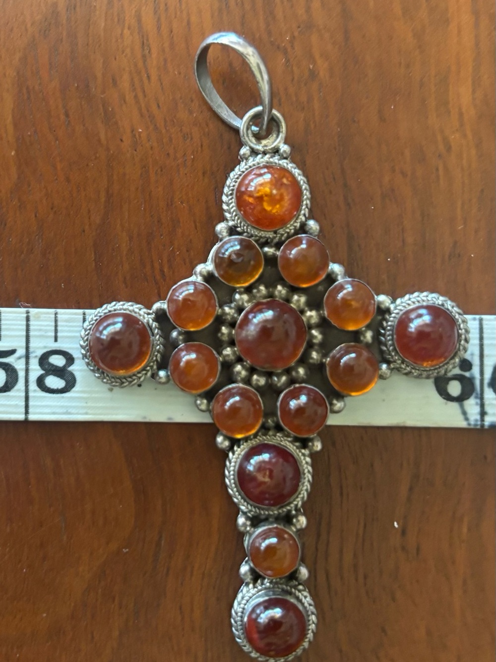 Silver Cross Pendant with Deep Amber Stones